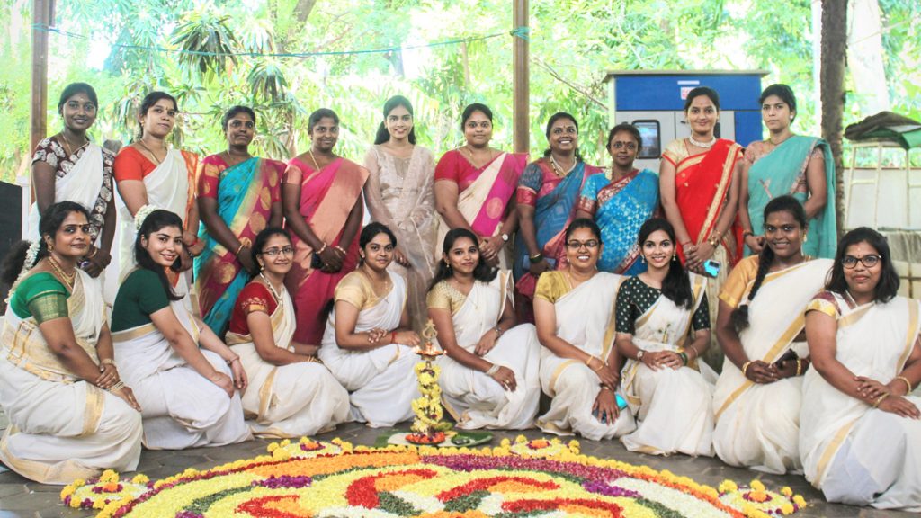 Women dressed up with traditional attire on the occasion of Onam Festival.