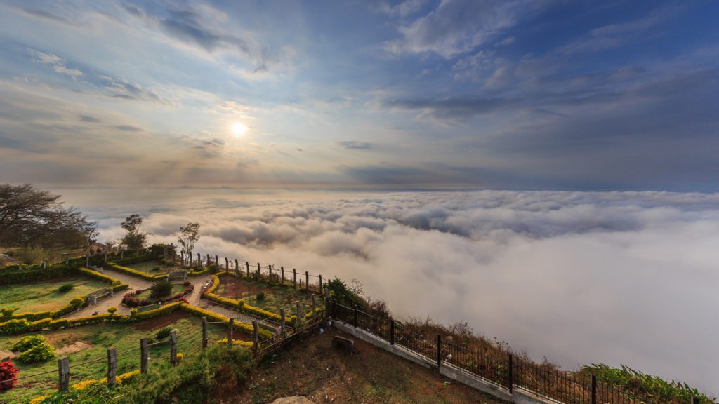 A beautiful view of sunrise from Nandi Hills with ocean of snow, Nandi Hills, Bangalore.