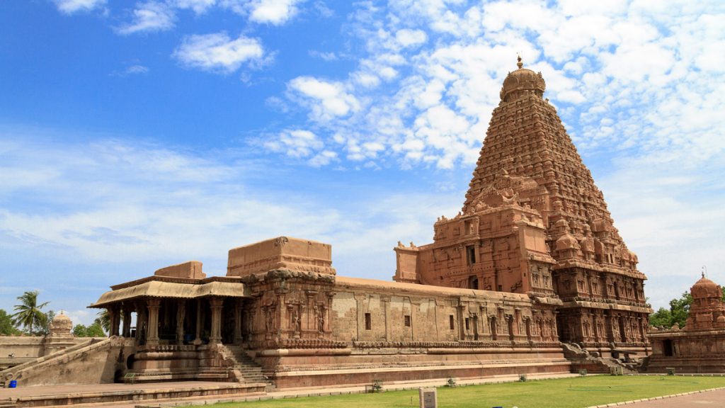 A majestic view of Brihadeeswara Temple at Thanjavur in the state of Tamilnadu.