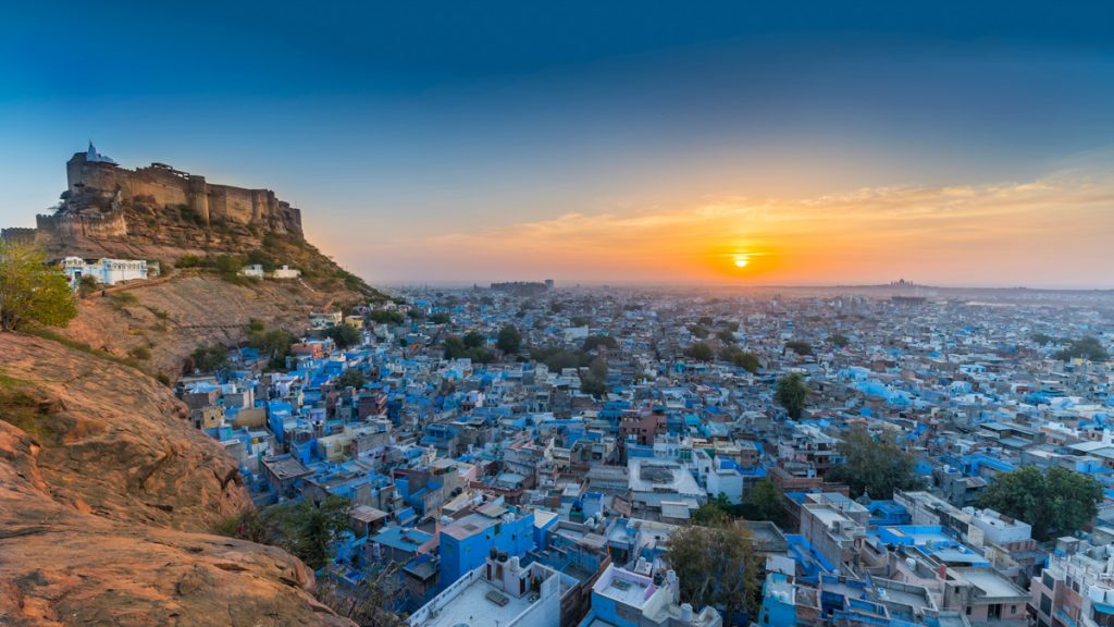 A picturesque view of Blue City and Mehrangarh Fort at Jodhpur in the state of Rajasthan, India