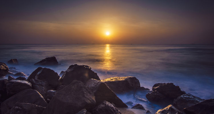 An early morning view of Rushikonda Beach located in Visakhapatnam on the coast of Bay of Bengal