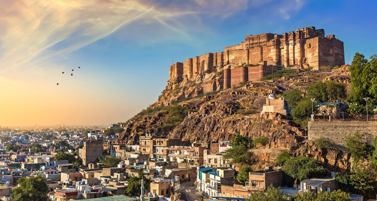 A picturesque view of Mehrangarh Fort at Jodhpur in the state of Rajasthan.