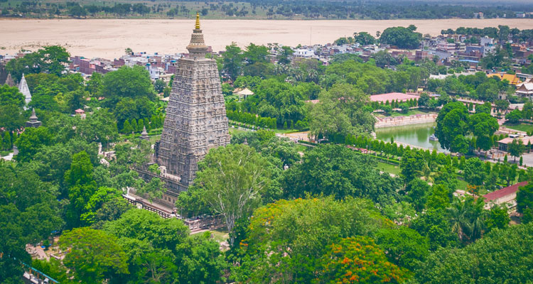 Aerial view of the Mahabodhi Temple, a UNESCO World Heritage Site and restored Buddhist temple at Bodh Gaya in the Indian state of Bihar.