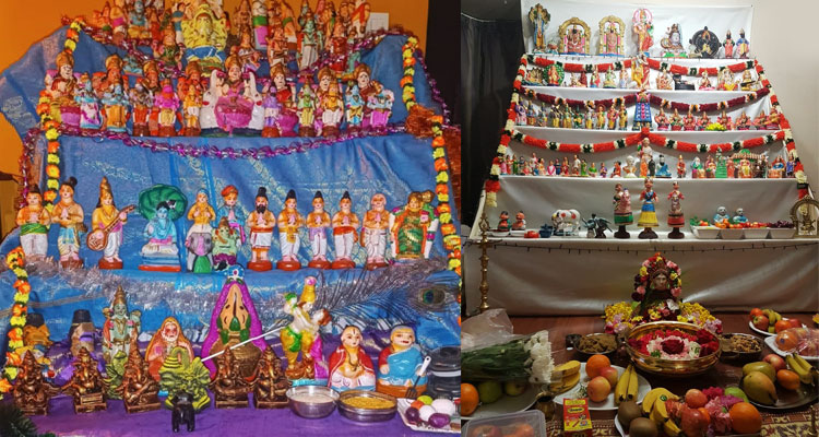 A view of various dolls of gods called "Golu Bommai" showcased in a house on the occasion of Navratri. 