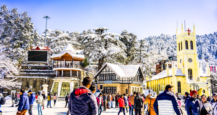 A beautiful view of Shimla city and mall road after a snowfall.
